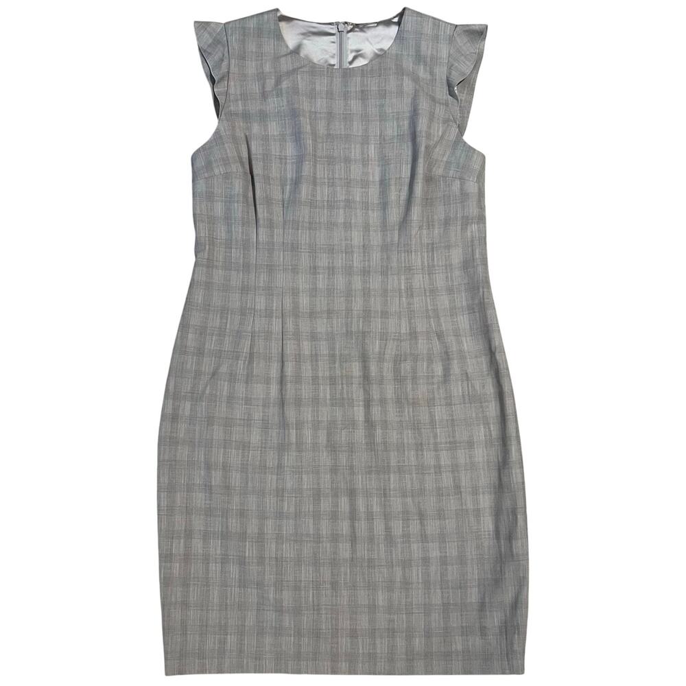 Elie Tahari Cap Flutter Sleeve Knee Length Gray Plaid Sheath Dress, Size 14